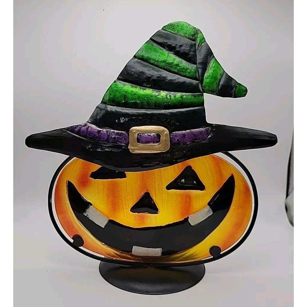 Halloween Jack O Lantern Pumpkin Tea Light Candle Holder Metal Witches Hat Decor
